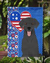 Load image into Gallery viewer, Black Labrador Retriever Patriotic Heart Garden Flag – Red, White &amp; Blue Dog Decor with Star Background