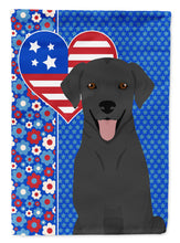 Load image into Gallery viewer, Black Labrador Retriever Patriotic Heart Garden Flag – Red, White &amp; Blue Dog Decor with Star Background