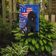 Load image into Gallery viewer, Black Newfoundland Patriotic Heart Garden Flag – Red, White &amp; Blue Dog Decor with Star Background