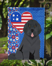 Load image into Gallery viewer, Black Newfoundland Patriotic Heart Garden Flag – Red, White &amp; Blue Dog Decor with Star Background