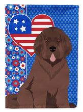 Load image into Gallery viewer, Brown Newfoundland Patriotic Heart Garden Flag – Red, White &amp; Blue Dog Decor with Star Background