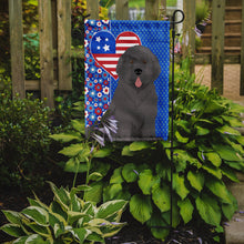 Load image into Gallery viewer, Grey Newfoundland Patriotic Heart Garden Flag – Red, White &amp; Blue Dog Decor with Star Background