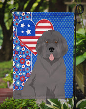 Load image into Gallery viewer, Grey Newfoundland Patriotic Heart Garden Flag – Red, White &amp; Blue Dog Decor with Star Background