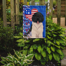 Load image into Gallery viewer, Landseer Newfoundland Patriotic Heart Garden Flag – Red, White &amp; Blue Dog Decor with Star Background