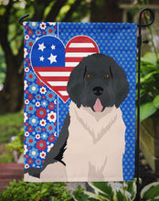 Load image into Gallery viewer, Landseer Newfoundland Patriotic Heart Garden Flag – Red, White &amp; Blue Dog Decor with Star Background