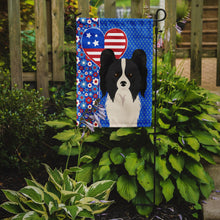 Load image into Gallery viewer, Black and White Papillon Patriotic Heart Garden Flag – Red, White &amp; Blue Dog Decor with Star Background