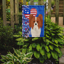 Load image into Gallery viewer, Red and White Papillon Patriotic Heart Garden Flag – Red, White &amp; Blue Dog Decor with Star Background