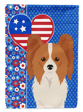 Load image into Gallery viewer, Red and White Papillon Patriotic Heart Garden Flag – Red, White &amp; Blue Dog Decor with Star Background