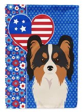 Load image into Gallery viewer, Tricolor Papillon Patriotic Heart Garden Flag – Red, White &amp; Blue Dog Decor with Star Background