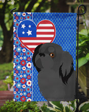 Load image into Gallery viewer, Black Pekingese Patriotic Heart Garden Flag – Red, White &amp; Blue Dog Decor with Star Background