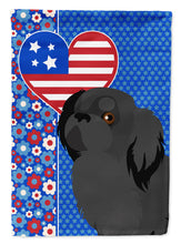 Load image into Gallery viewer, Black Pekingese Patriotic Heart Garden Flag – Red, White &amp; Blue Dog Decor with Star Background