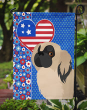 Load image into Gallery viewer, Cream Pekingese Patriotic Heart Garden Flag – Red, White &amp; Blue Dog Decor with Star Background
