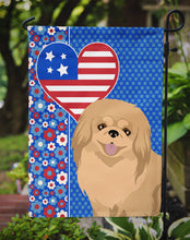 Load image into Gallery viewer, Gold Pekingese Patriotic Heart Garden Flag – Red, White &amp; Blue Dog Decor with Star Background