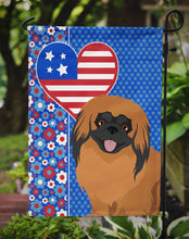 Load image into Gallery viewer, Red Pekingese Patriotic Heart Garden Flag – Red, White &amp; Blue Dog Decor with Star Background