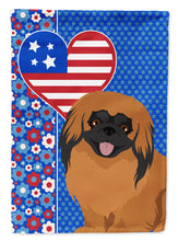 Load image into Gallery viewer, Red Pekingese Patriotic Heart Garden Flag – Red, White &amp; Blue Dog Decor with Star Background