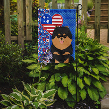 Load image into Gallery viewer, Black and Tan Pomeranian Patriotic Heart Garden Flag – Red, White &amp; Blue Dog Decor with Star Background