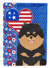 Load image into Gallery viewer, Black and Tan Pomeranian Patriotic Heart Garden Flag – Red, White &amp; Blue Dog Decor with Star Background