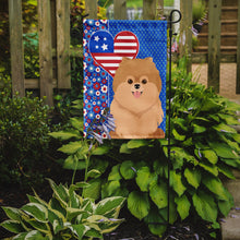 Load image into Gallery viewer, Orange Pomeranian Patriotic Heart Garden Flag – Red, White &amp; Blue Dog Decor with Star Background