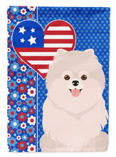 Load image into Gallery viewer, White Pomeranian Patriotic Heart Garden Flag – Red, White &amp; Blue Dog Decor with Star Background