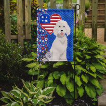 Load image into Gallery viewer, Standard White Poodle Patriotic Heart Garden Flag – Red, White &amp; Blue Dog Decor with Star Background