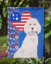 Load image into Gallery viewer, Standard White Poodle Patriotic Heart Garden Flag – Red, White &amp; Blue Dog Decor with Star Background