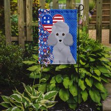 Load image into Gallery viewer, Toy Silver Poodle Patriotic Heart Garden Flag – Red, White &amp; Blue Dog Decor with Star Background