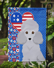 Load image into Gallery viewer, Toy Silver Poodle Patriotic Heart Garden Flag – Red, White &amp; Blue Dog Decor with Star Background