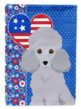 Load image into Gallery viewer, Toy Silver Poodle Patriotic Heart Garden Flag – Red, White &amp; Blue Dog Decor with Star Background