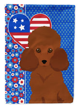 Load image into Gallery viewer, Toy Red Poodle Patriotic Heart Garden Flag – Red, White &amp; Blue Dog Decor with Star Background