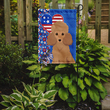 Load image into Gallery viewer, Toy Apricot Poodle Patriotic Heart Garden Flag – Red, White &amp; Blue Dog Decor with Star Background