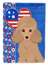 Load image into Gallery viewer, Toy Apricot Poodle Patriotic Heart Garden Flag – Red, White &amp; Blue Dog Decor with Star Background