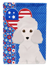 Load image into Gallery viewer, Toy White Poodle Patriotic Heart Garden Flag – Red, White &amp; Blue Dog Decor with Star Background