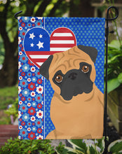 Load image into Gallery viewer, Apricot Pug Patriotic Heart Garden Flag – Red, White &amp; Blue Dog Decor with Star Background