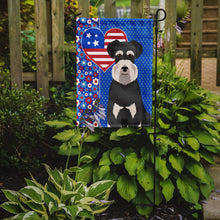 Load image into Gallery viewer, Black and Silver Natural Ears Schnauzer Patriotic Heart Garden Flag – Red, White &amp; Blue Dog Decor with Star Background