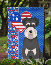 Load image into Gallery viewer, Black and Silver Natural Ears Schnauzer Patriotic Heart Garden Flag – Red, White &amp; Blue Dog Decor with Star Background