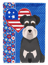 Load image into Gallery viewer, Black and Silver Natural Ears Schnauzer Patriotic Heart Garden Flag – Red, White &amp; Blue Dog Decor with Star Background