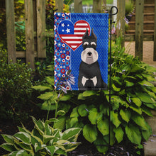 Load image into Gallery viewer, Black and Silver Schnauzer Patriotic Heart Garden Flag – Red, White &amp; Blue Dog Decor with Star Background