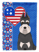 Load image into Gallery viewer, Black and Silver Schnauzer Patriotic Heart Garden Flag – Red, White &amp; Blue Dog Decor with Star Background