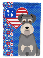 Load image into Gallery viewer, Salt Pepper Natural Ears Schnauzer Patriotic Heart Garden Flag – Red, White &amp; Blue Dog Decor with Star Background