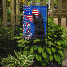Load image into Gallery viewer, Black Scottish Terrier Patriotic Heart Garden Flag – Red, White &amp; Blue Dog Decor with Star Background