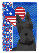 Load image into Gallery viewer, Black Scottish Terrier Patriotic Heart Garden Flag – Red, White &amp; Blue Dog Decor with Star Background