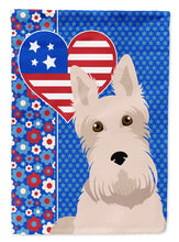 Load image into Gallery viewer, Wheaten Scottish Terrier Patriotic Heart Garden Flag – Red, White &amp; Blue Dog Decor with Star Background