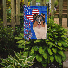 Load image into Gallery viewer, Blue Merle Sheltie Patriotic Heart Garden Flag – Red, White &amp; Blue Dog Decor with Star Background