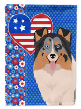 Load image into Gallery viewer, Blue Merle Sheltie Patriotic Heart Garden Flag – Red, White &amp; Blue Dog Decor with Star Background