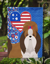 Load image into Gallery viewer, Red and White Shih Tzu Patriotic Heart Garden Flag – Red, White &amp; Blue Dog Decor with Star Background