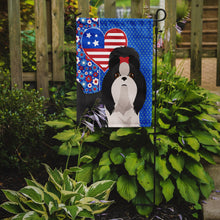 Load image into Gallery viewer, Black and White Shih Tzu Patriotic Heart Garden Flag – Red, White &amp; Blue Dog Decor with Star Background