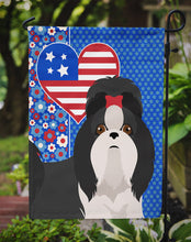 Load image into Gallery viewer, Black and White Shih Tzu Patriotic Heart Garden Flag – Red, White &amp; Blue Dog Decor with Star Background