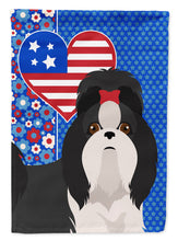 Load image into Gallery viewer, Black and White Shih Tzu Patriotic Heart Garden Flag – Red, White &amp; Blue Dog Decor with Star Background
