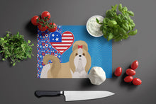 Load image into Gallery viewer, Gold and White Shih Tzu USA American Glass Cutting Boards – Durable, Decorative Kitchen Art Large