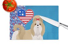 Load image into Gallery viewer, Gold and White Shih Tzu USA American Glass Cutting Boards – Durable, Decorative Kitchen Art Large